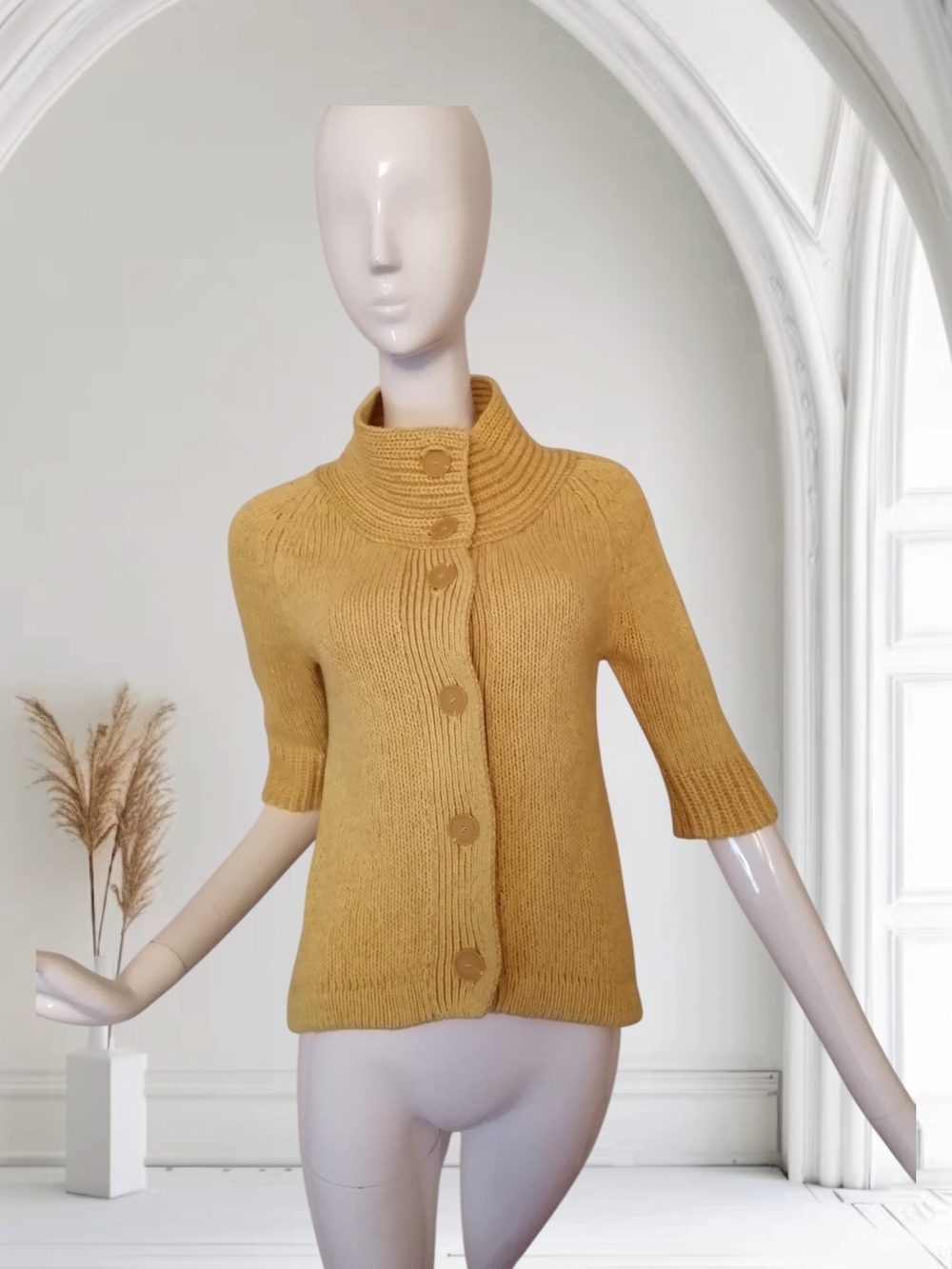 Mexx Mustard Ribbed Button-Front Short-Sleeve Cardigan
